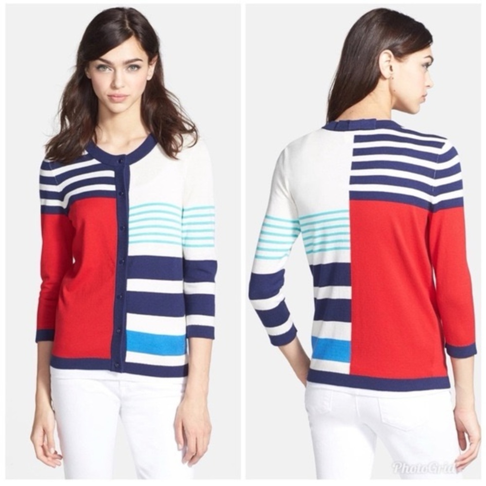 Kate Spade Ollie stripe bow neck button front cardigan sweater